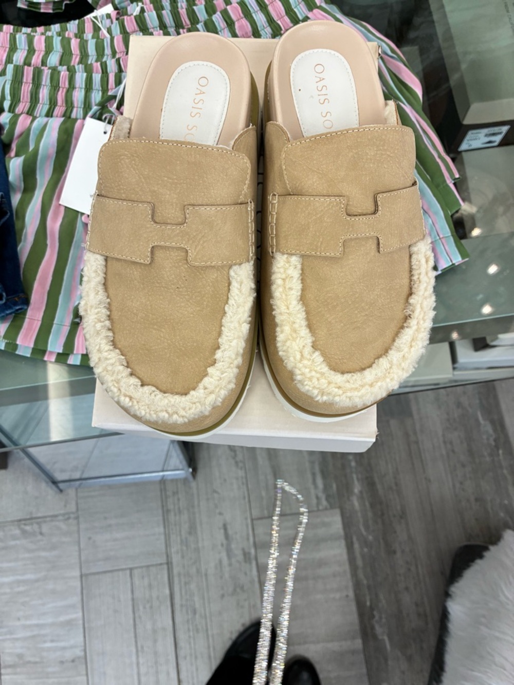 Women's Tan Suede Shearling-Trim Slip-On Loafers